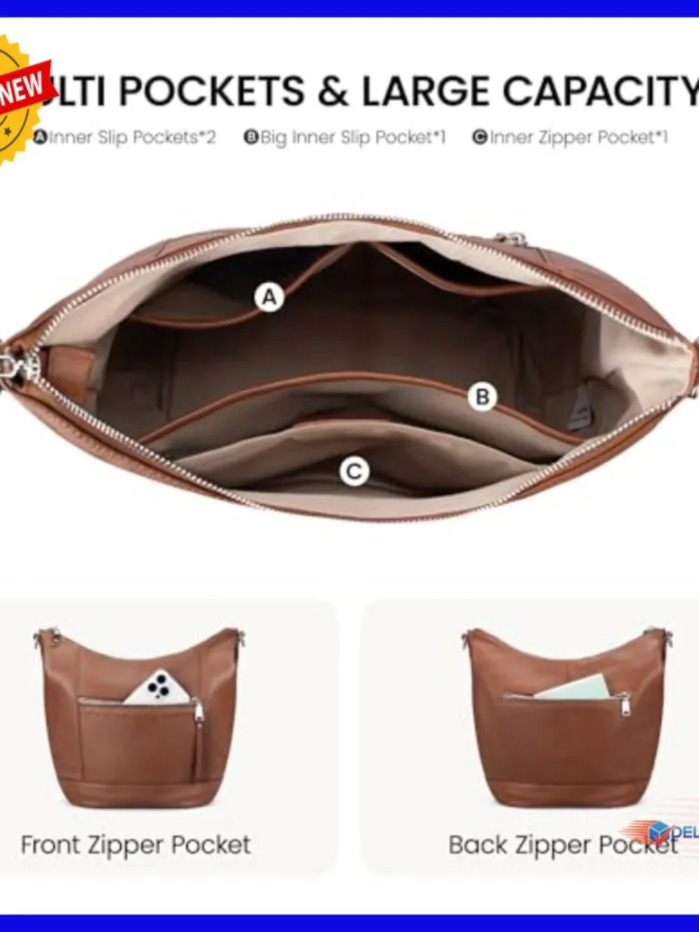Genuine Leather Hobo Crossbody Bag with Removable Straps, Lightweight